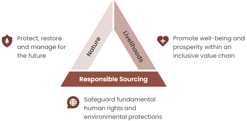 Nature: Protect, restore and manage the future / Livelihoods: Promote well-being and prosperity within an inclusive value chain / Responsible Sourcing: Safeguard fundamental human and environment protections